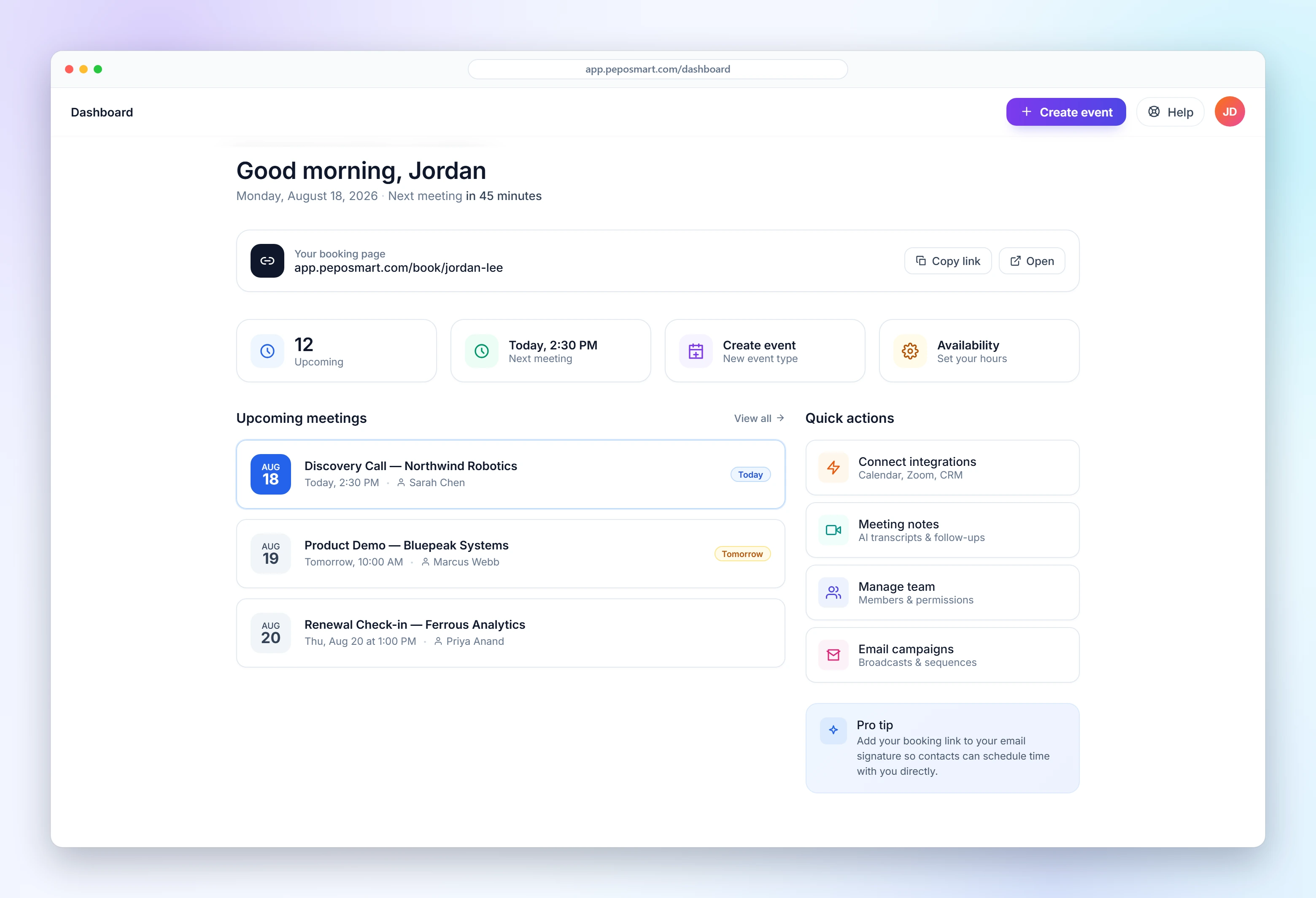 The PepoSmart dashboard with upcoming meetings and quick actions