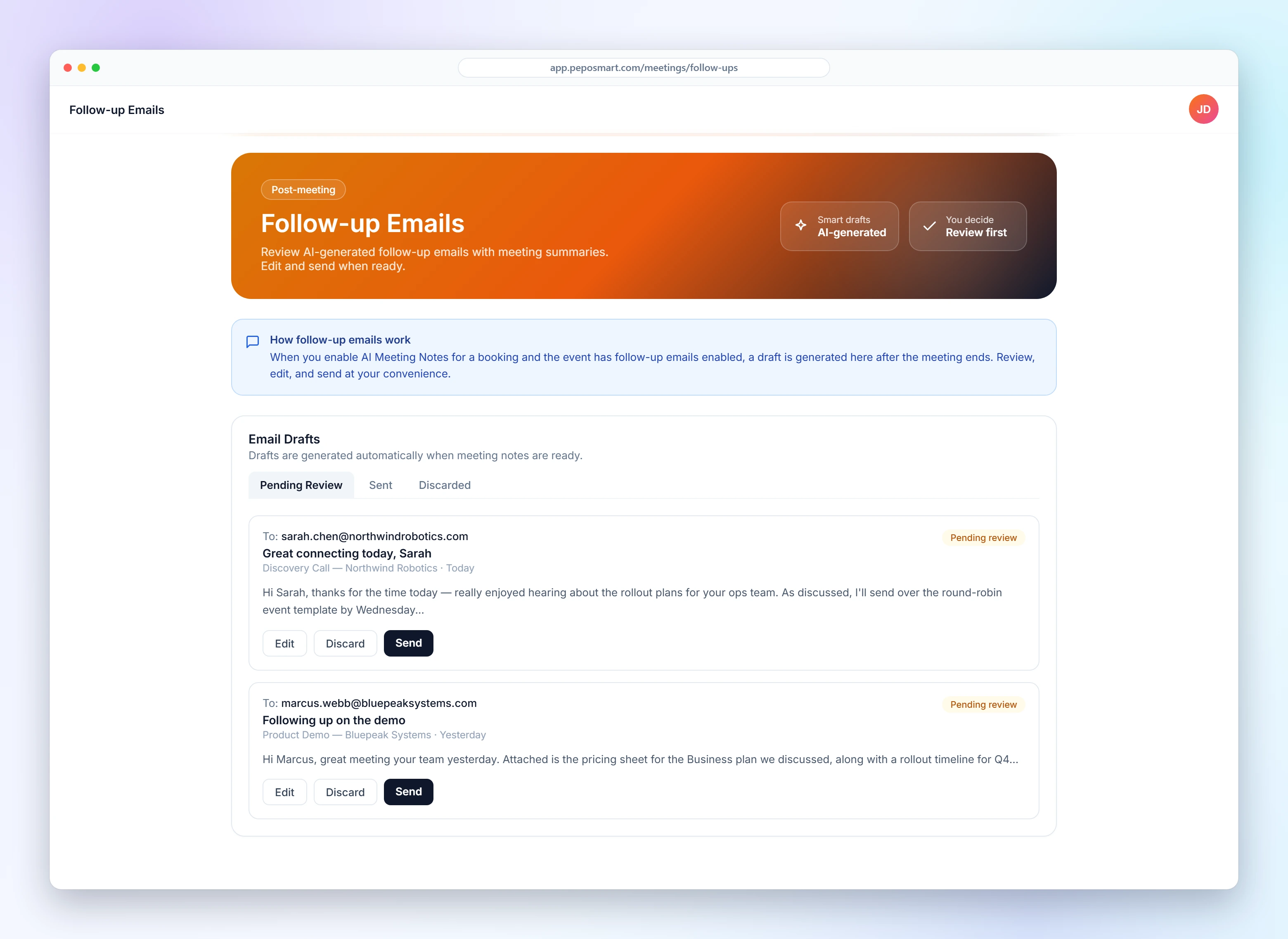 AI-drafted follow-up email ready to review and send